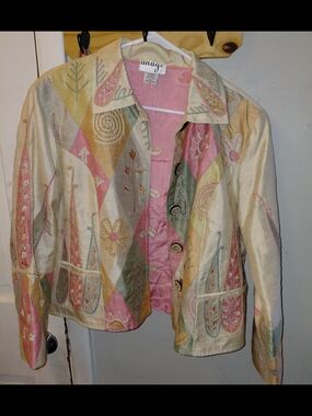 Anage Embroidered Patchwork  Jacket in Pink, Cream & Pastel Accents